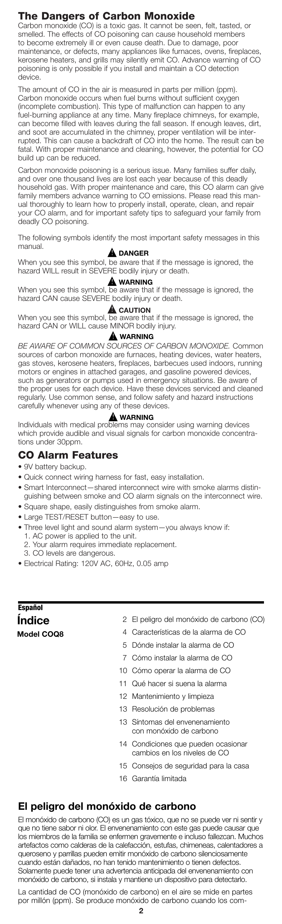 Índice, The dangers of carbon monoxide, Co alarm features | El peligro del monóxido de carbono | Firex pmn User Manual | Page 2 / 16