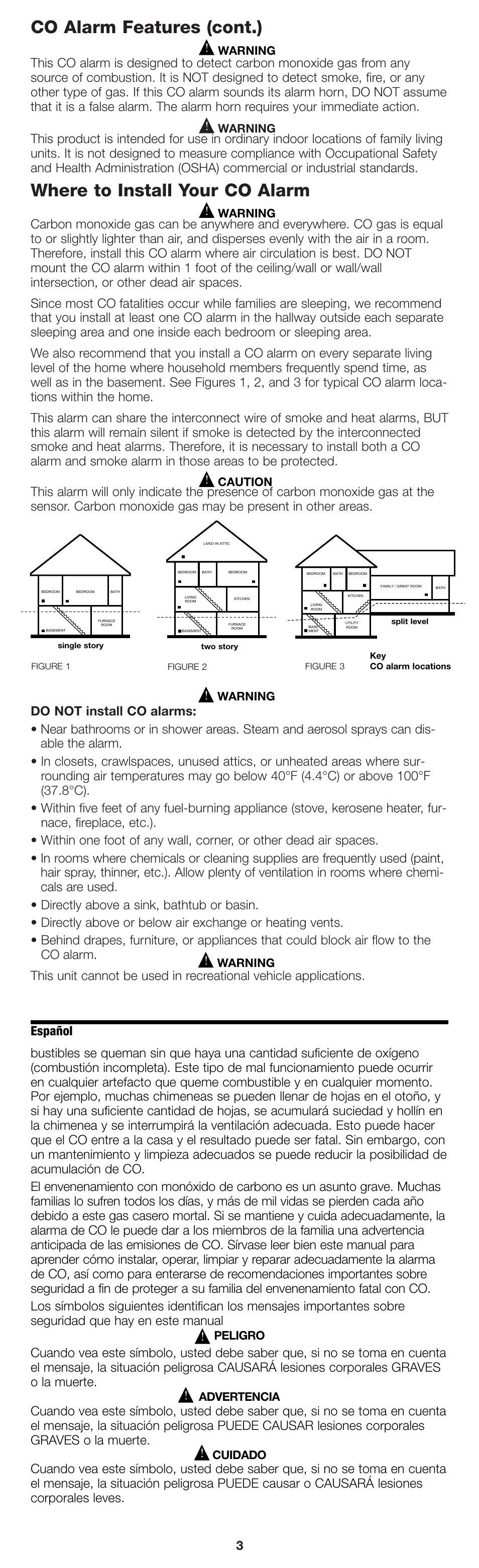 Co alarm features (cont.), Where to install your co alarm, Español | Warning, Caution, Peligro, Advertencia, Cuidado | Firex pmn User Manual | Page 3 / 16