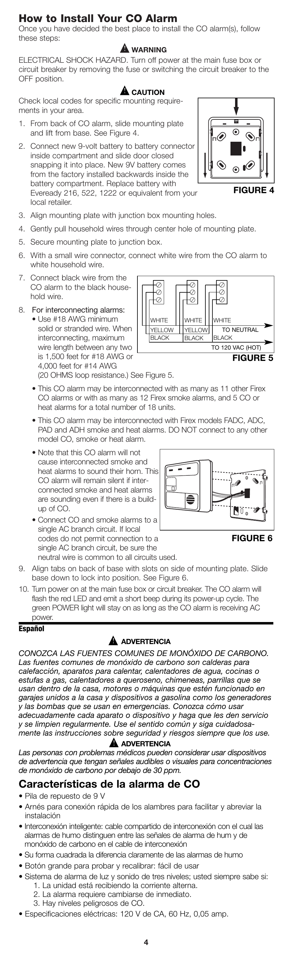 How to install your co alarm, Características de la alarma de co, Figure 4 figure 5 | Figure 6 | Firex pmn User Manual | Page 4 / 16