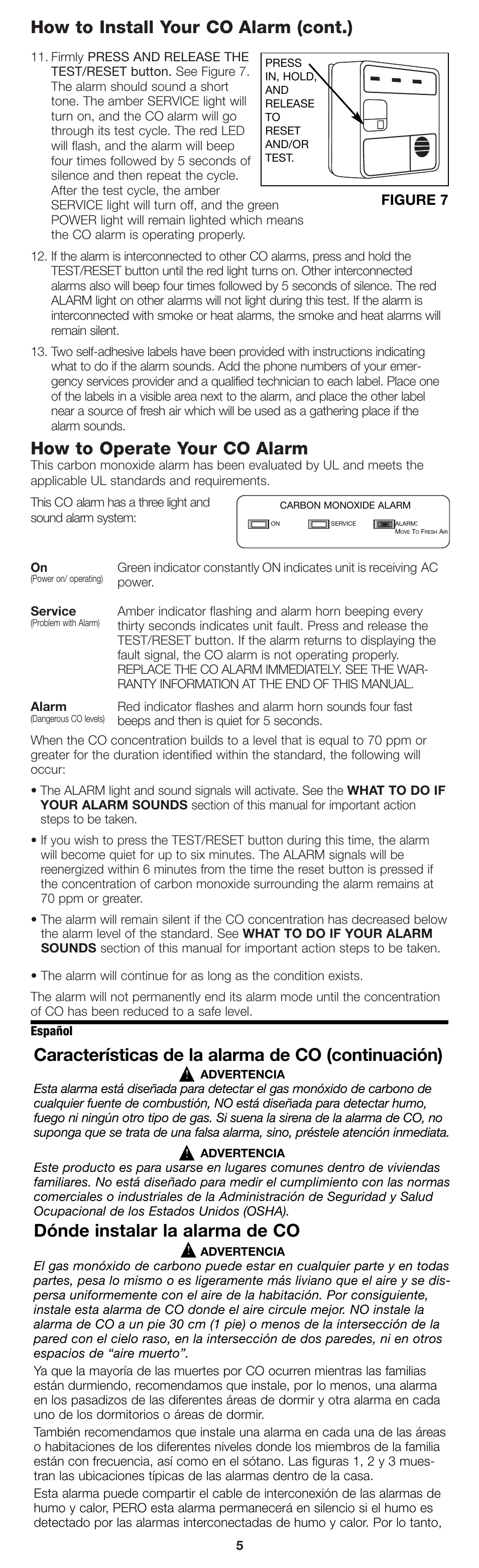 How to install your co alarm (cont.), How to operate your co alarm, Características de la alarma de co (continuación) | Dónde instalar la alarma de co, Figure 7 | Firex pmn User Manual | Page 5 / 16
