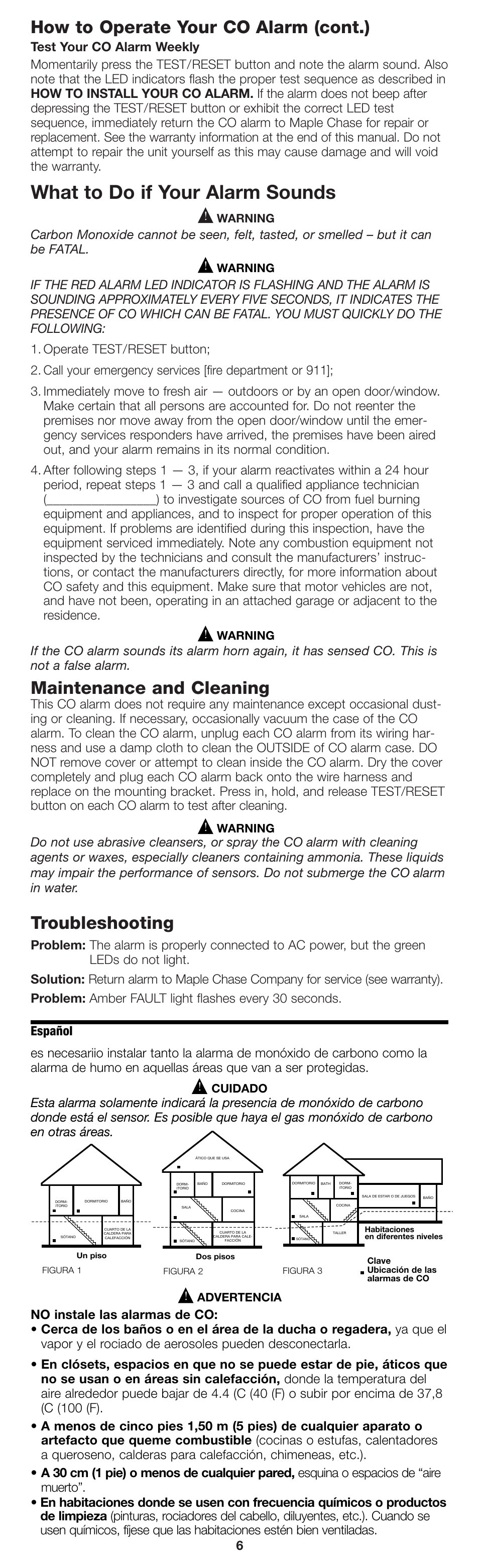 What to do if your alarm sounds, How to operate your co alarm (cont.), Maintenance and cleaning | Troubleshooting, Español, Warning, Cuidado, Advertencia | Firex pmn User Manual | Page 6 / 16