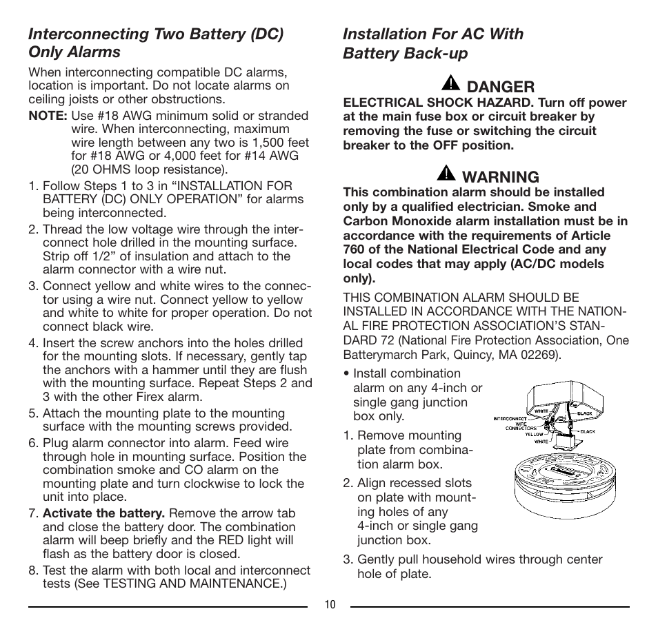 Interconnecting two battery (dc) only alarms, Installation for ac with battery back-up danger, Warning | Firex FADCQ User Manual | Page 10 / 32