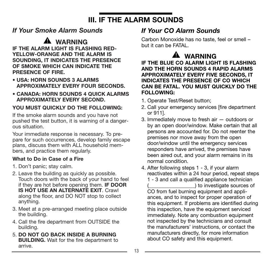 Iii. if the alarm sounds, If your smoke alarm sounds warning, If your co alarm sounds | Warning | Firex FADCQ User Manual | Page 13 / 32
