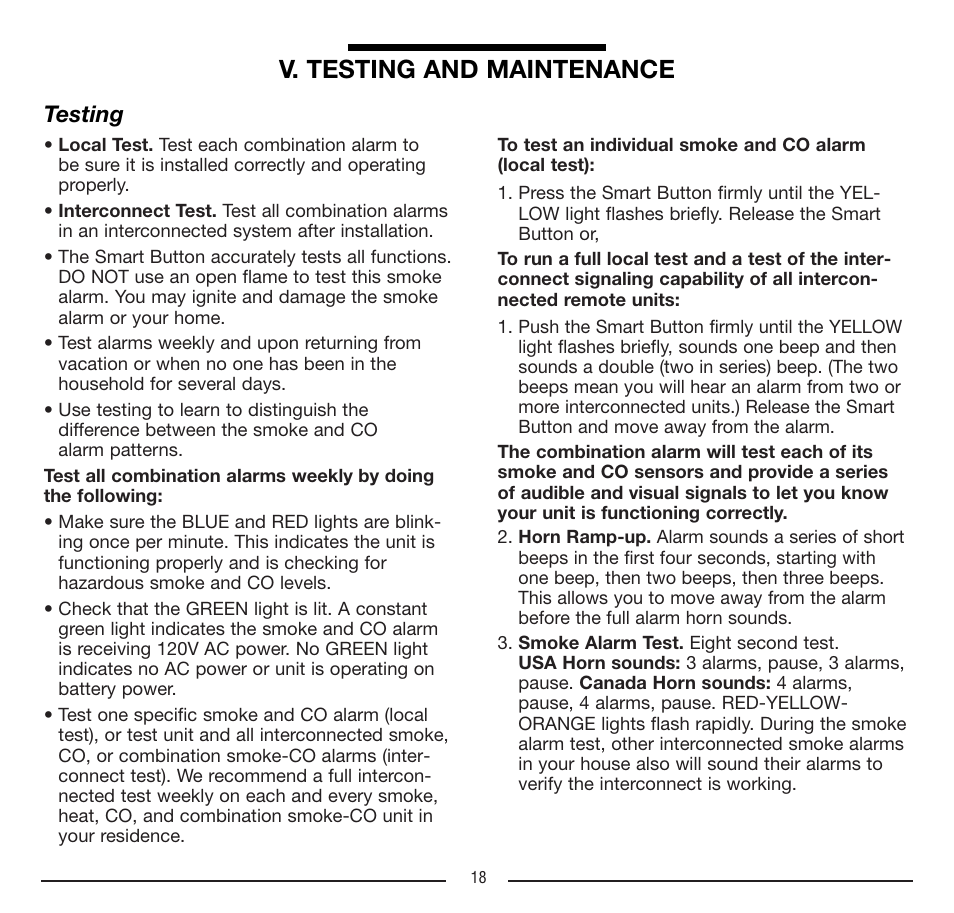 V. testing and maintenance, Testing | Firex FADCQ User Manual | Page 18 / 32