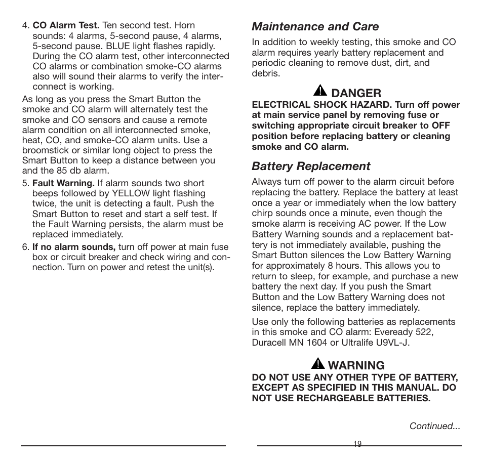 Maintenance and care, Danger, Battery replacement | Warning | Firex FADCQ User Manual | Page 19 / 32