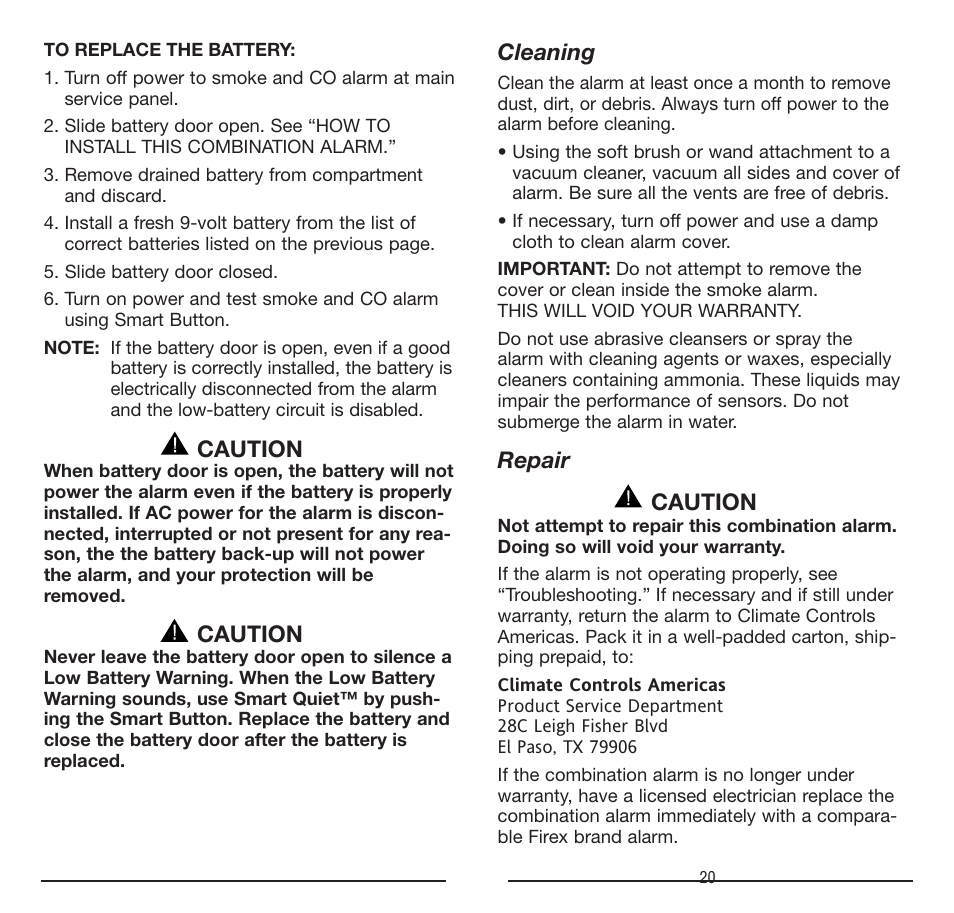 Caution, Cleaning, Repair caution | Firex FADCQ User Manual | Page 20 / 32