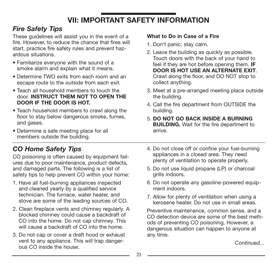 Vii: important safety information, Co home safety tips, Fire safety tips | Firex FADCQ User Manual | Page 23 / 32