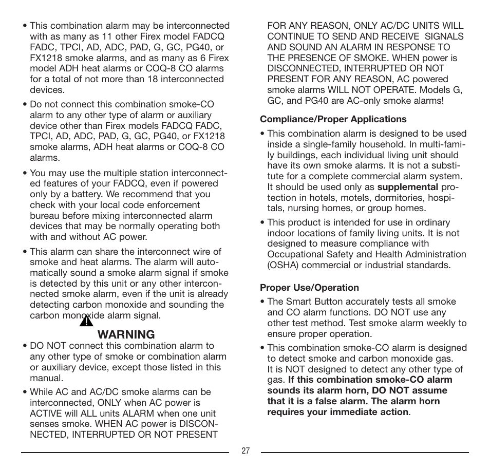 Warning | Firex FADCQ User Manual | Page 27 / 32