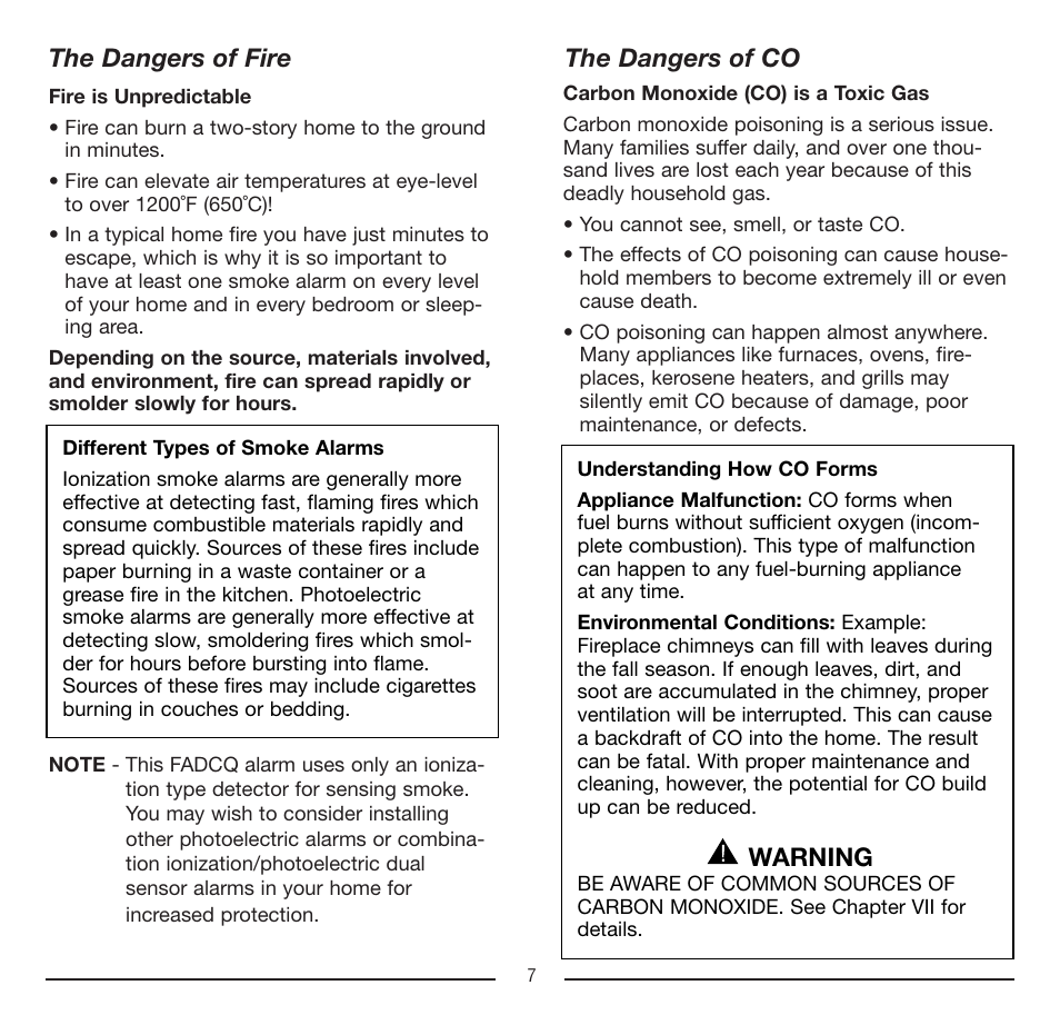 The dangers of fire, The dangers of co, Warning | Firex FADCQ User Manual | Page 7 / 32