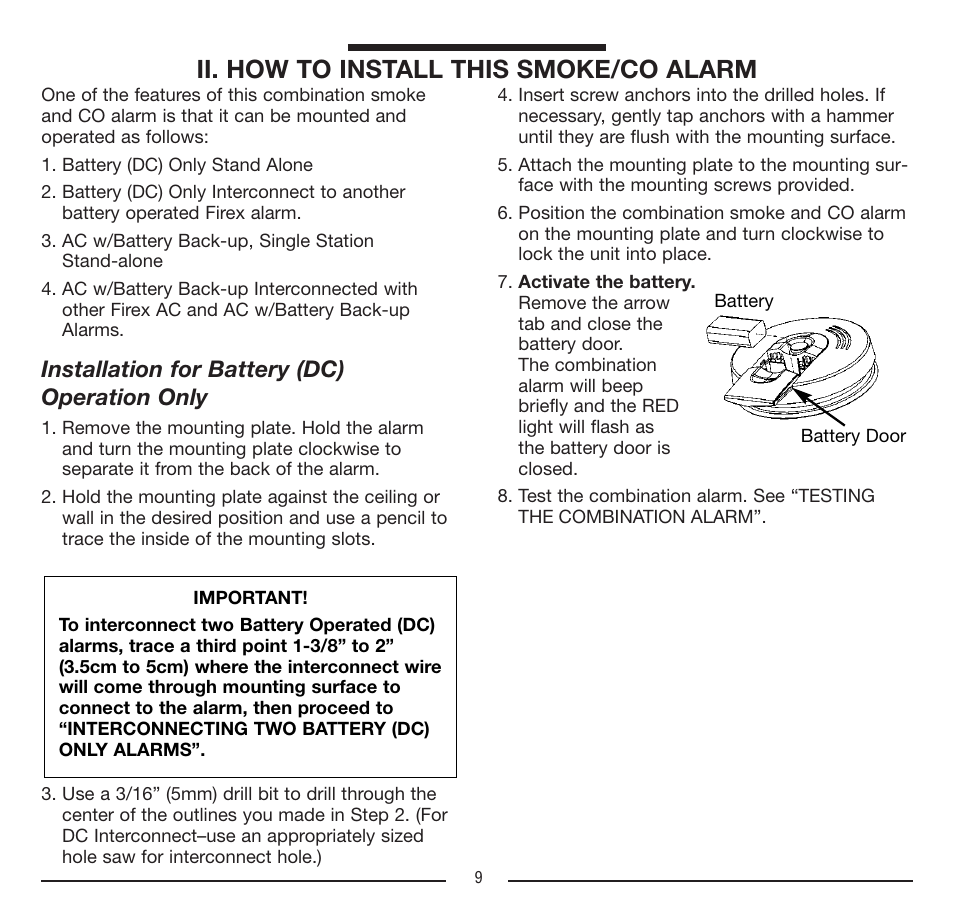 Ii. how to install this smoke/co alarm, Installation for battery (dc) operation only | Firex FADCQ User Manual | Page 9 / 32