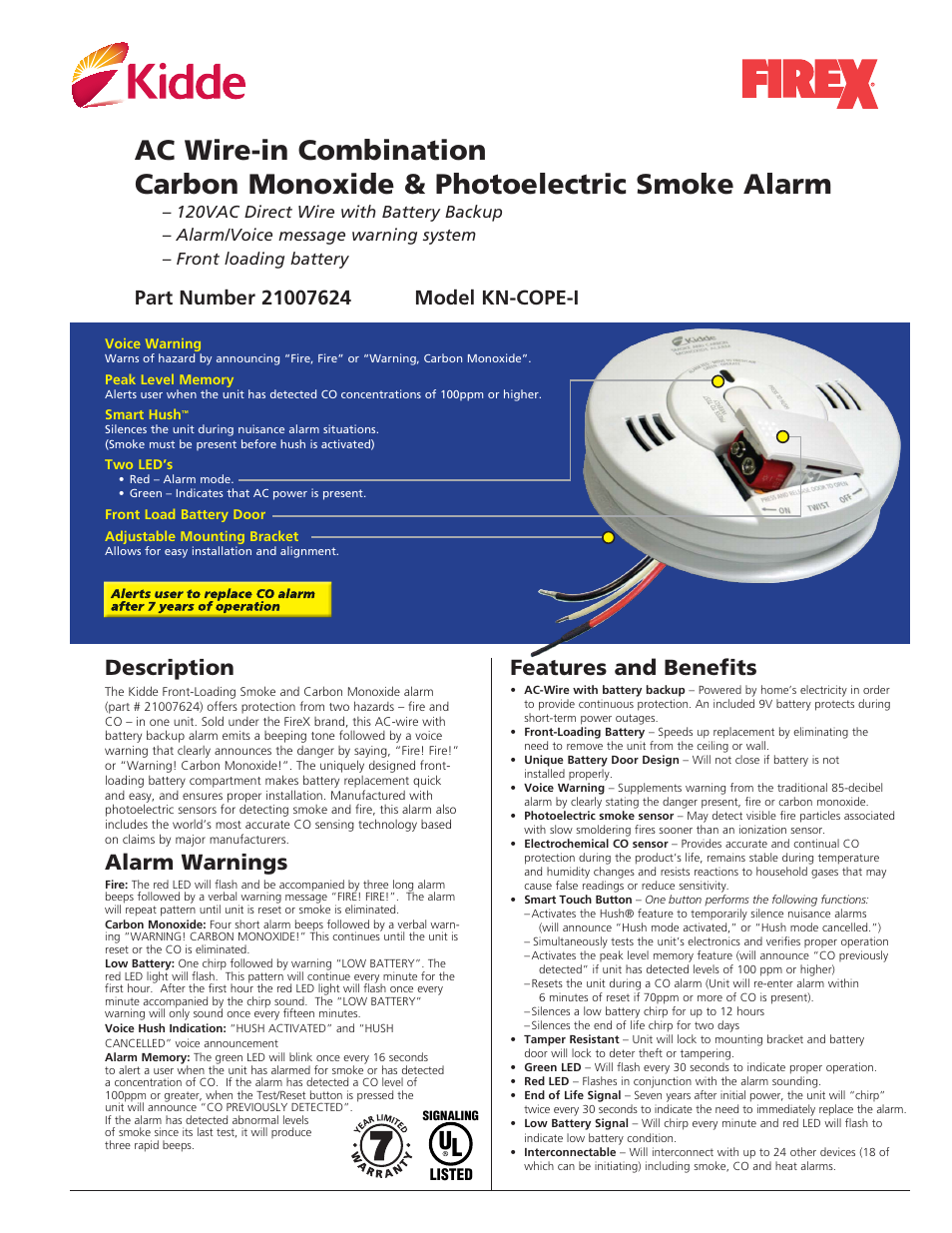 Firex AC Wire-in Combination Carbon Monoxide & Photoelectric Smoke Alarm KN-COPE-1 User Manual | 2 pages