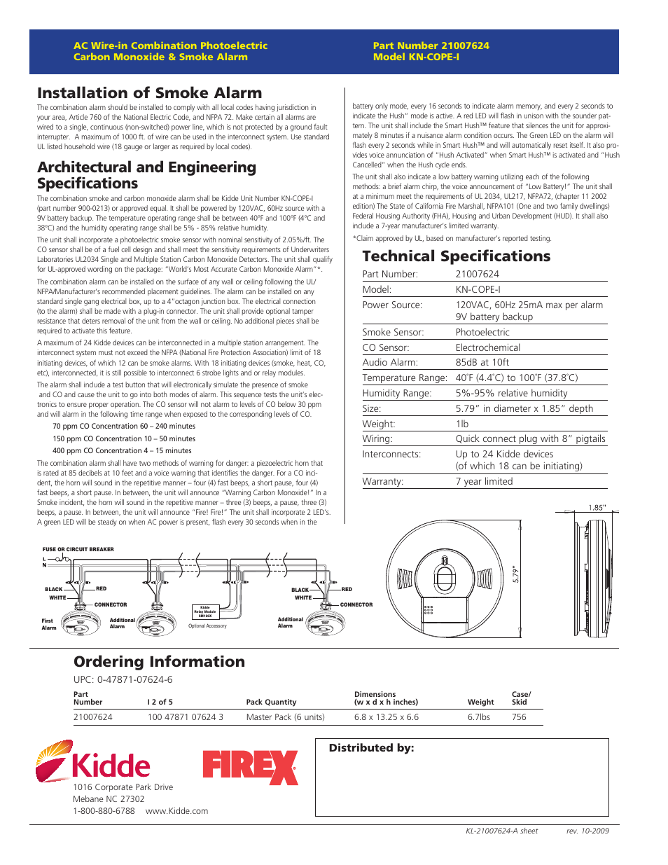 Installation of smoke alarm, Architectural and engineering specifications, Technical specifications | Ordering information | Firex AC Wire-in Combination Carbon Monoxide & Photoelectric Smoke Alarm KN-COPE-1 User Manual | Page 2 / 2