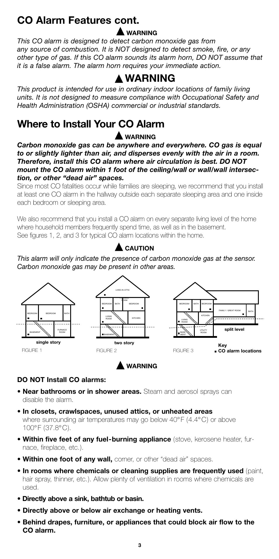 Co alarm features cont, Where to install your co alarm, Caution | Warning | Firex COQ1 User Manual | Page 3 / 8