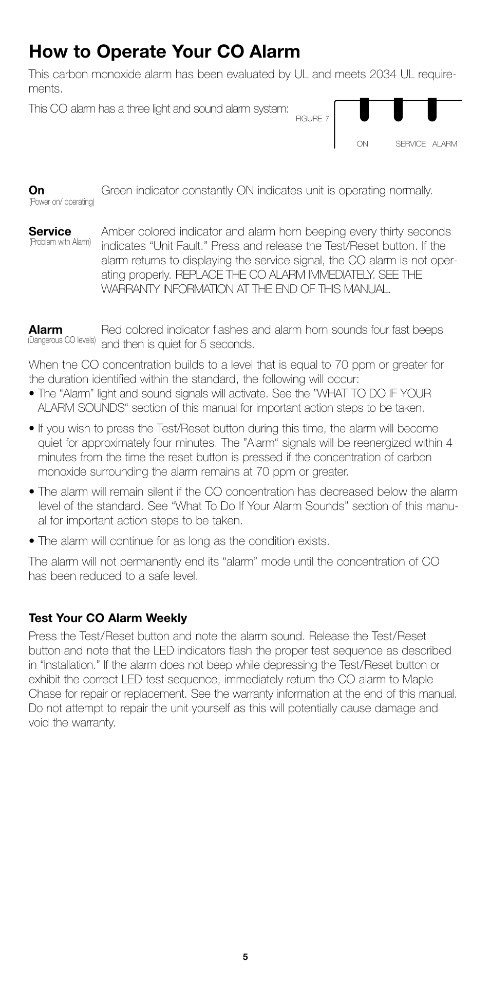 How to operate your co alarm | Firex COQ1 User Manual | Page 5 / 8