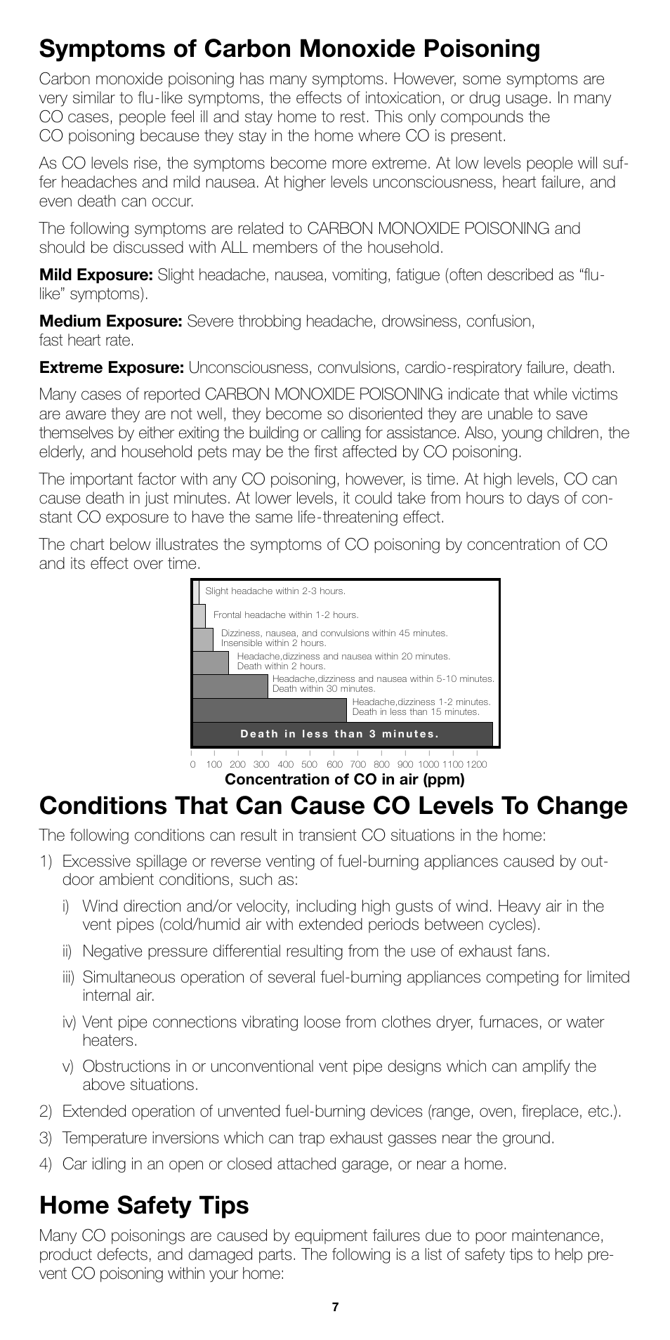 Symptoms of carbon monoxide poisoning, Conditions that can cause co levels to change, Home safety tips | Firex COQ1 User Manual | Page 7 / 8