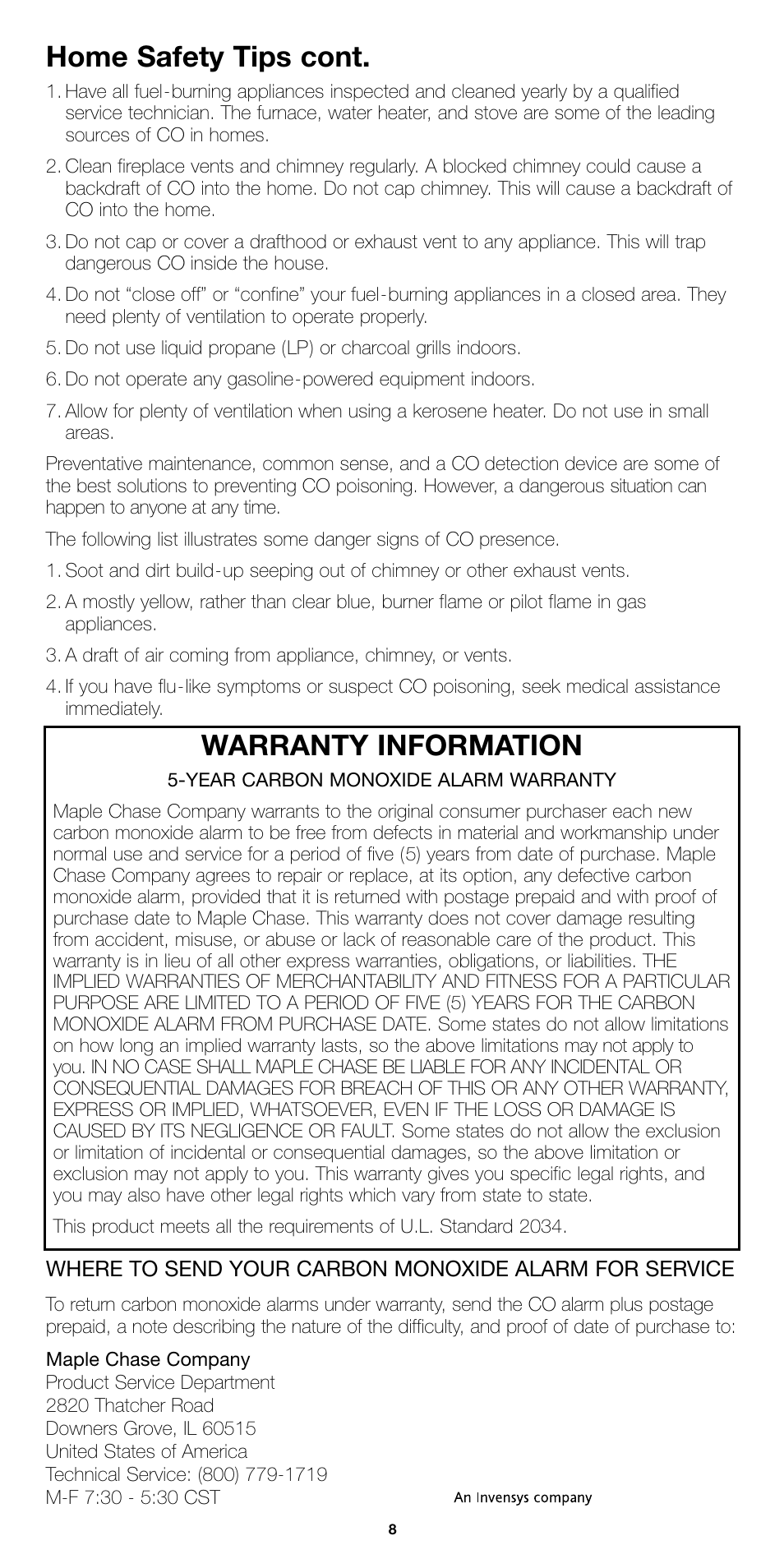 Home safety tips cont, Warranty information | Firex COQ1 User Manual | Page 8 / 8