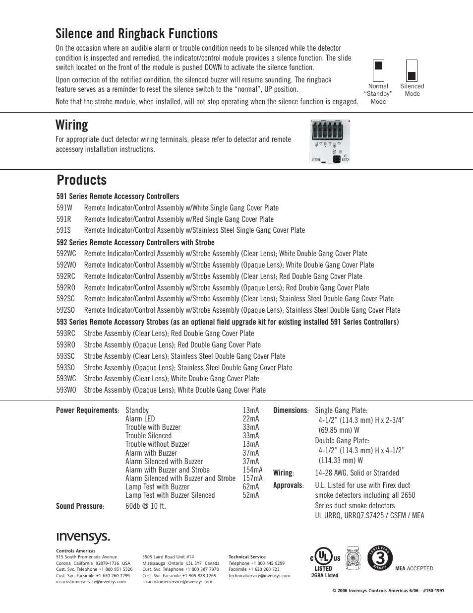 Products, Silence and ringback functions, Wiring | Firex 591S User Manual | Page 2 / 2