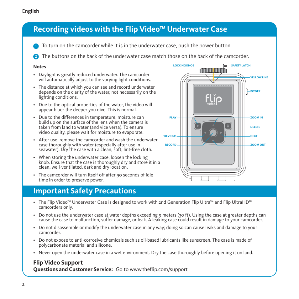 Important safety precautions, Flip video support | Flip Video Underwater Case User Manual | Page 4 / 12