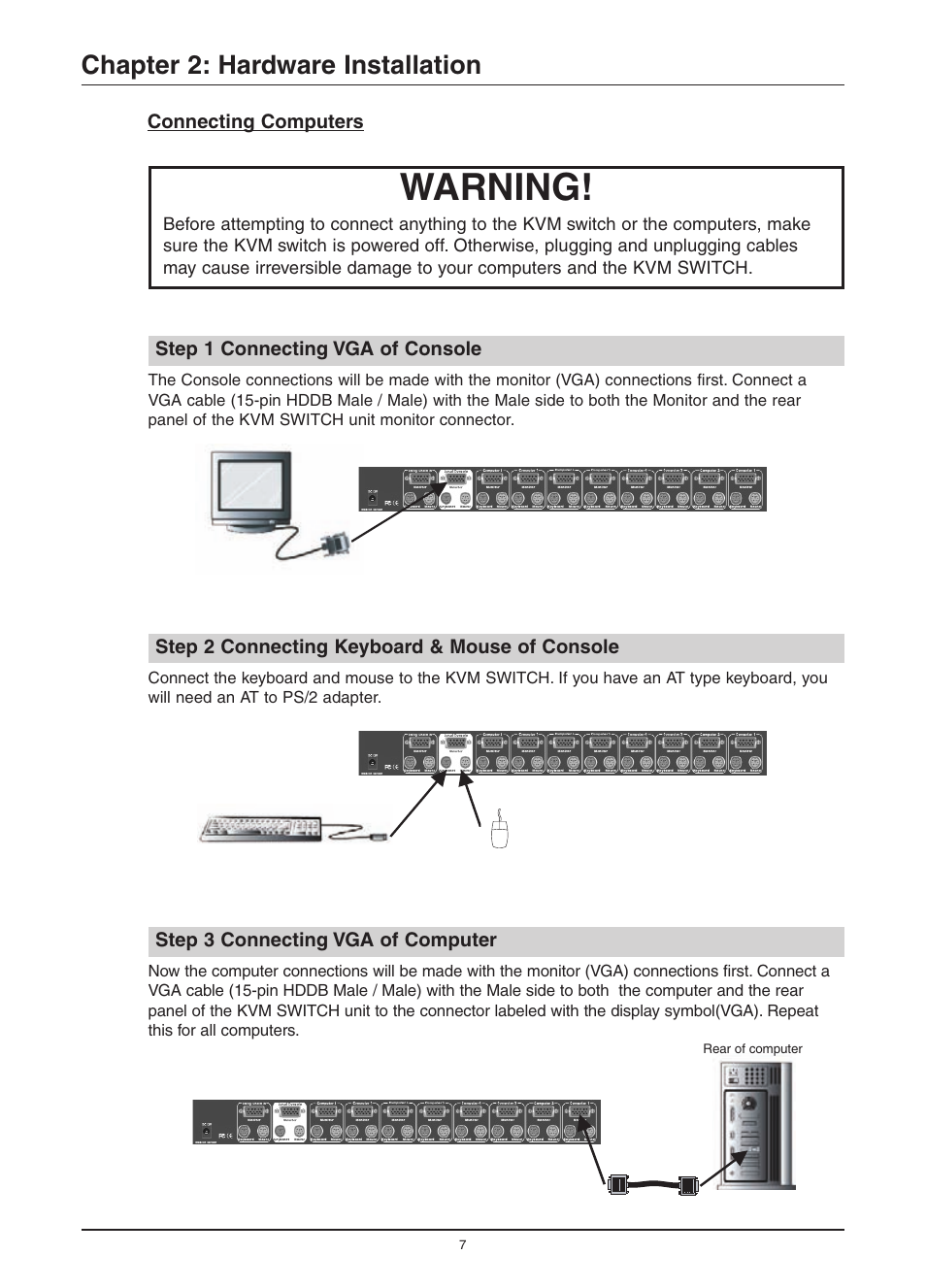 Warning, Chapter 2: hardware installation | Freedom9 KVM-08P User Manual | Page 10 / 24