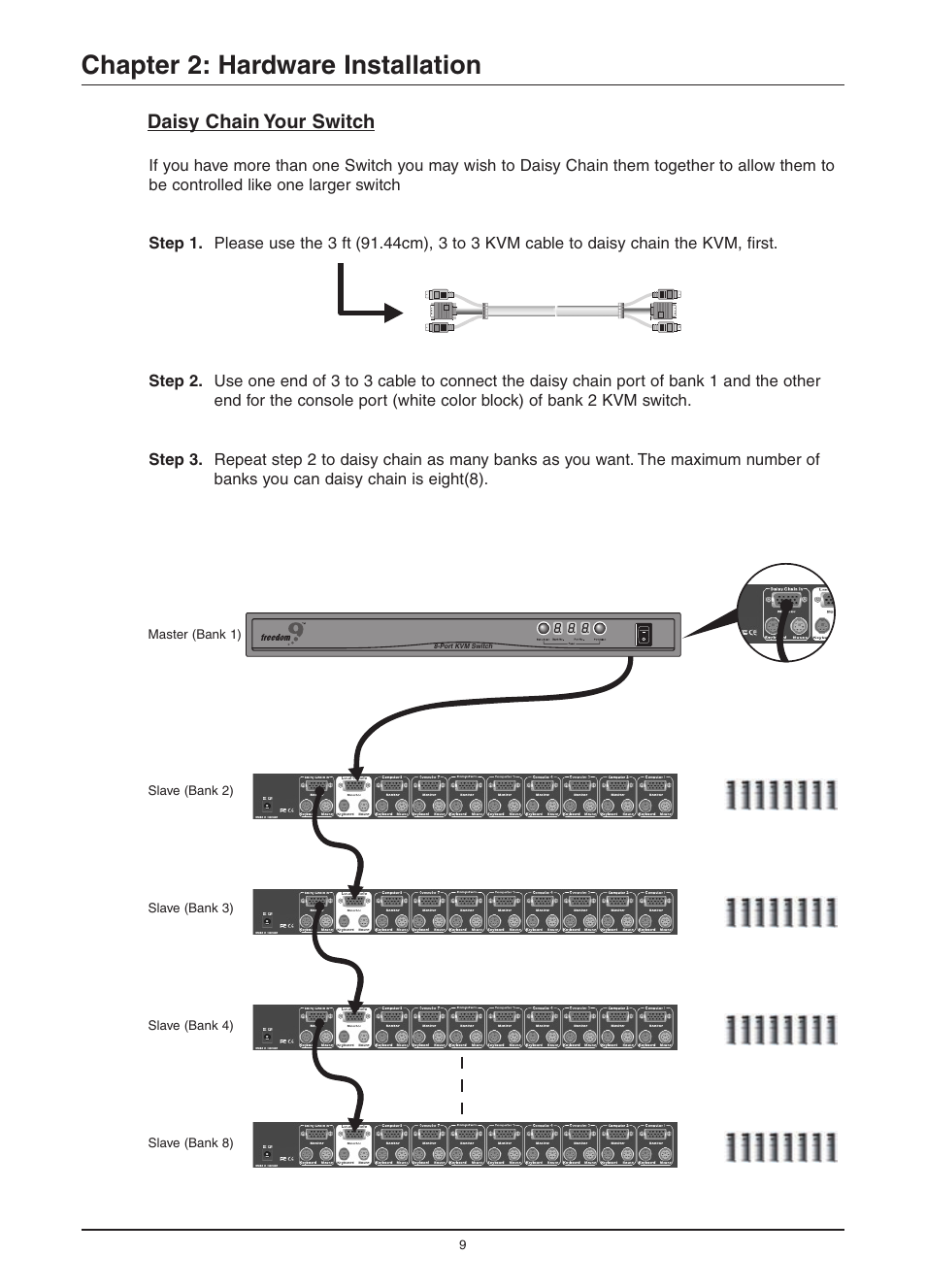 Chapter 2: hardware installation, Daisy chain your switch | Freedom9 KVM-08P User Manual | Page 12 / 24