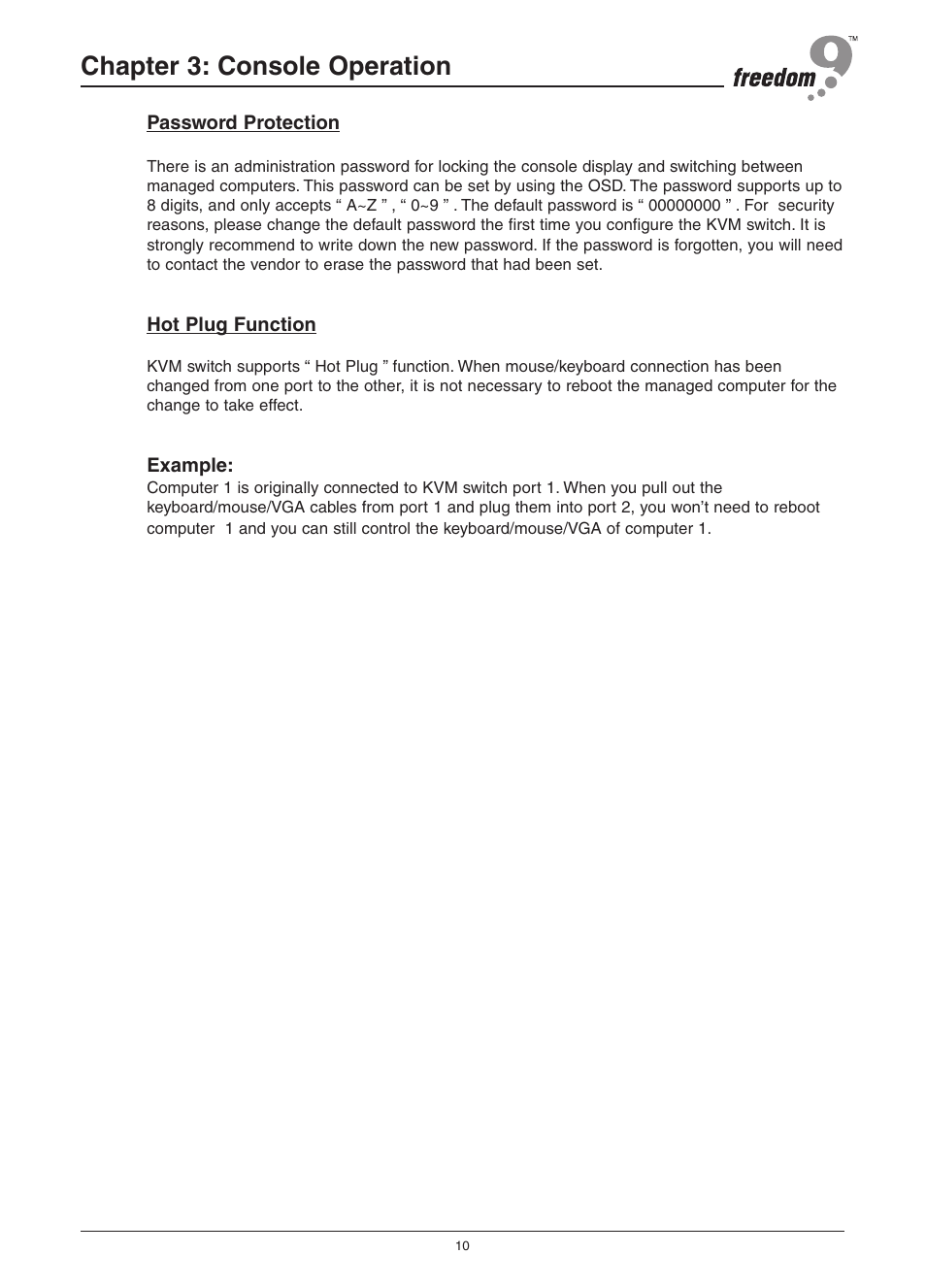 Chapter 3: console operation | Freedom9 KVM-08P User Manual | Page 13 / 24