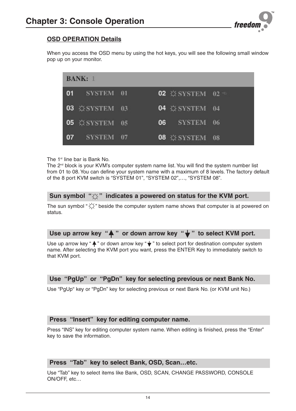 Chapter 3: console operation | Freedom9 KVM-08P User Manual | Page 17 / 24