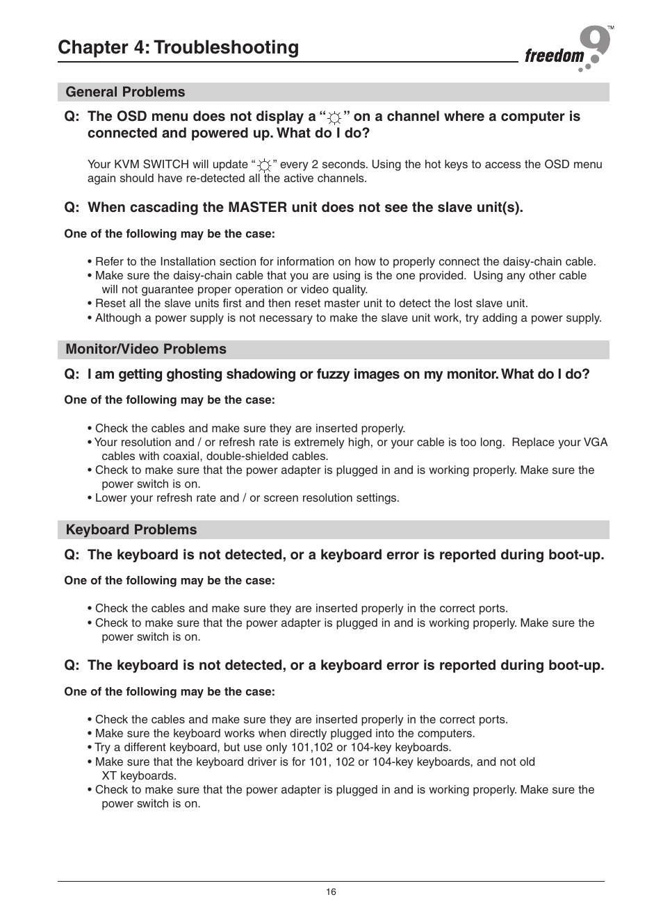 Chapter 4: troubleshooting | Freedom9 KVM-08P User Manual | Page 19 / 24