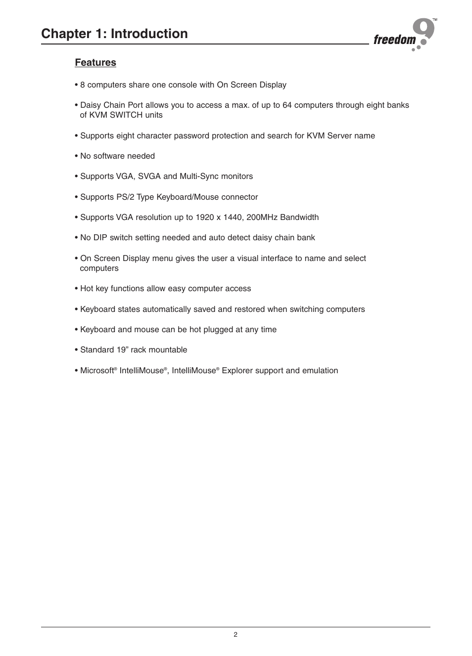 Chapter 1: introduction, Features | Freedom9 KVM-08P User Manual | Page 5 / 24