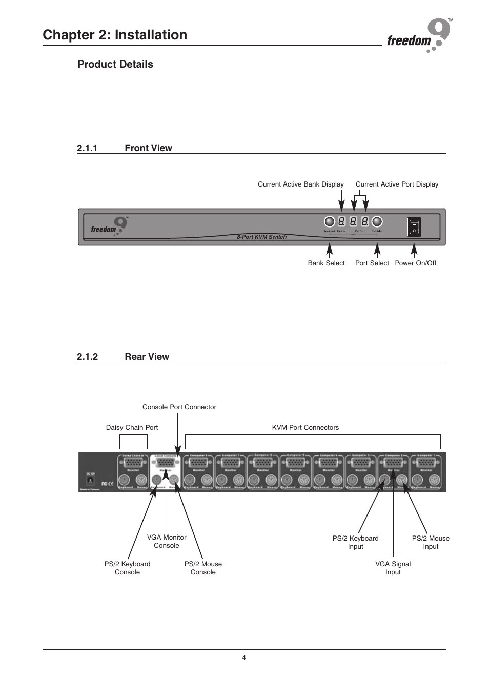 Chapter 2: installation, Product details, 2 rear view 2.1.1 front view | Freedom9 KVM-08P User Manual | Page 7 / 24