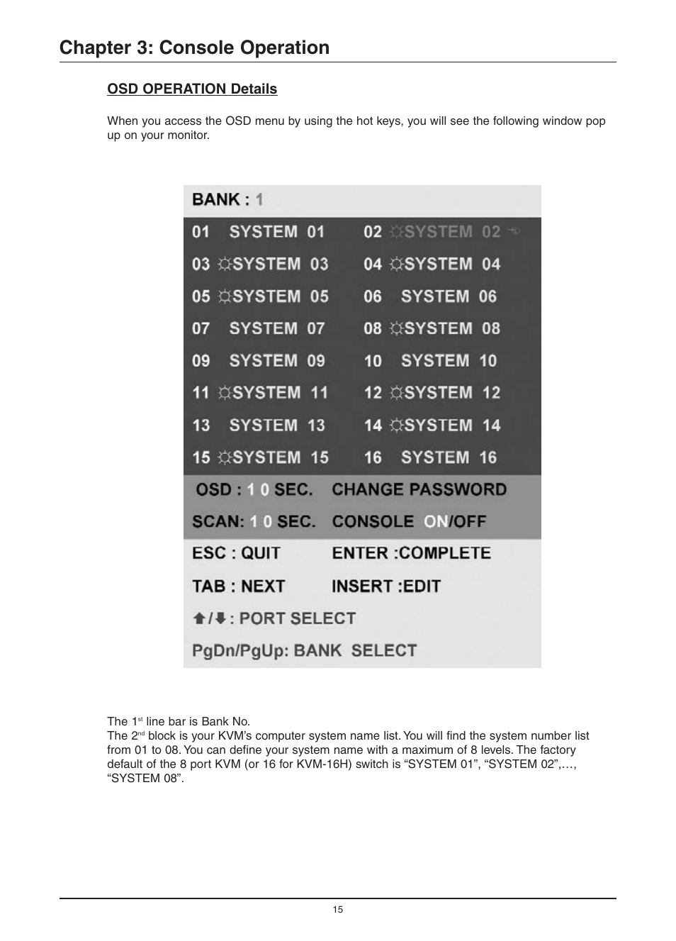 Chapter 3: console operation, Osd operation details | Freedom9 KVM-08H User Manual | Page 18 / 24