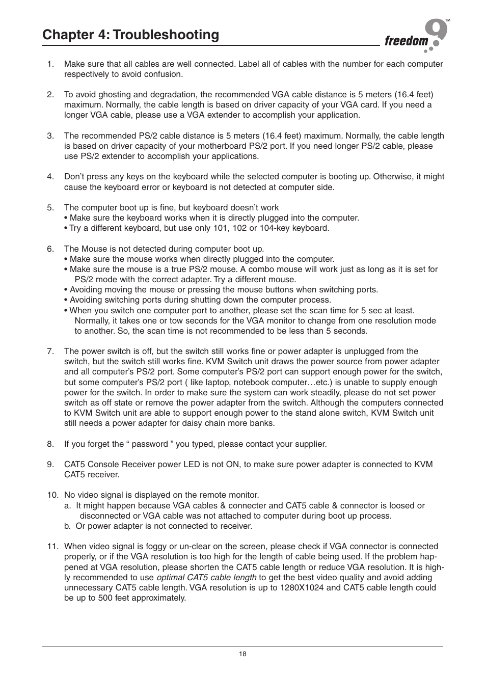 Chapter 4: troubleshooting | Freedom9 KVM-08H User Manual | Page 21 / 24