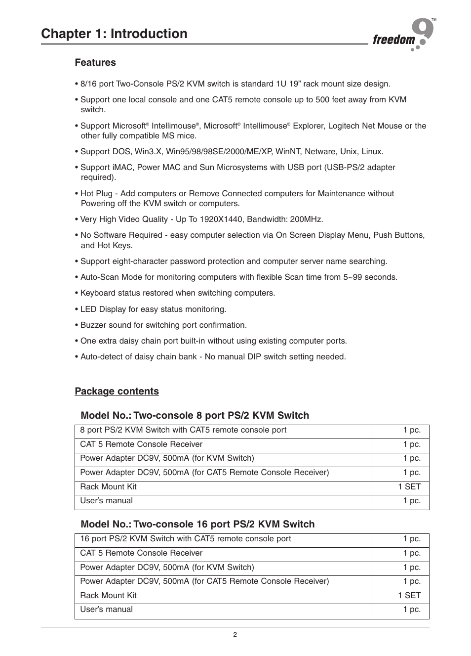 Chapter 1: introduction, Features, Package contents | Model no.: two-console 8 port ps/2 kvm switch, Model no.: two-console 16 port ps/2 kvm switch | Freedom9 KVM-08H User Manual | Page 5 / 24