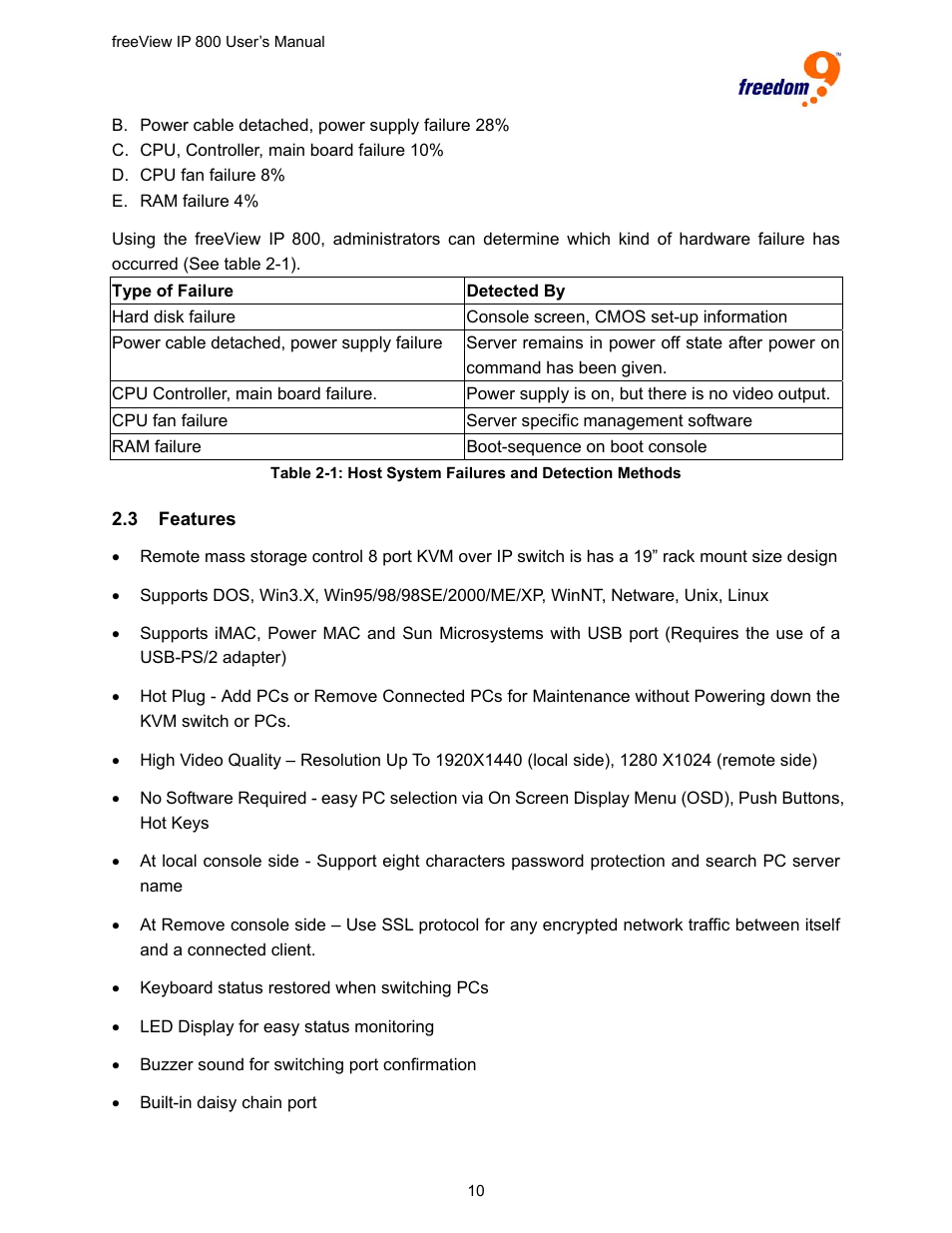 3 features, Eatures | Freedom9 IP 800 User Manual | Page 12 / 79