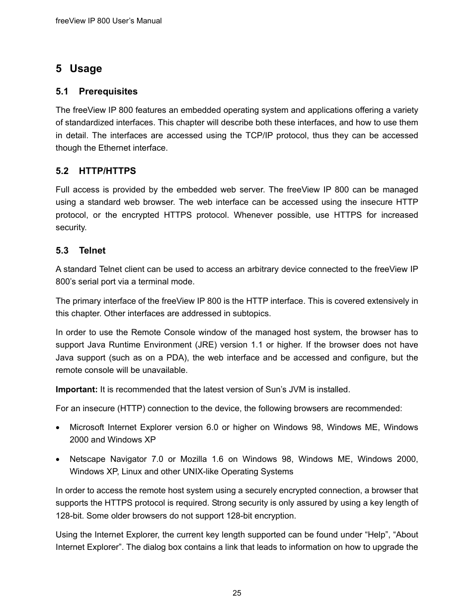 5 usage, 1 prerequisites, 2 http/https | 3 telnet, Usage, Rerequisites, Http/https, Elnet | Freedom9 IP 800 User Manual | Page 27 / 79