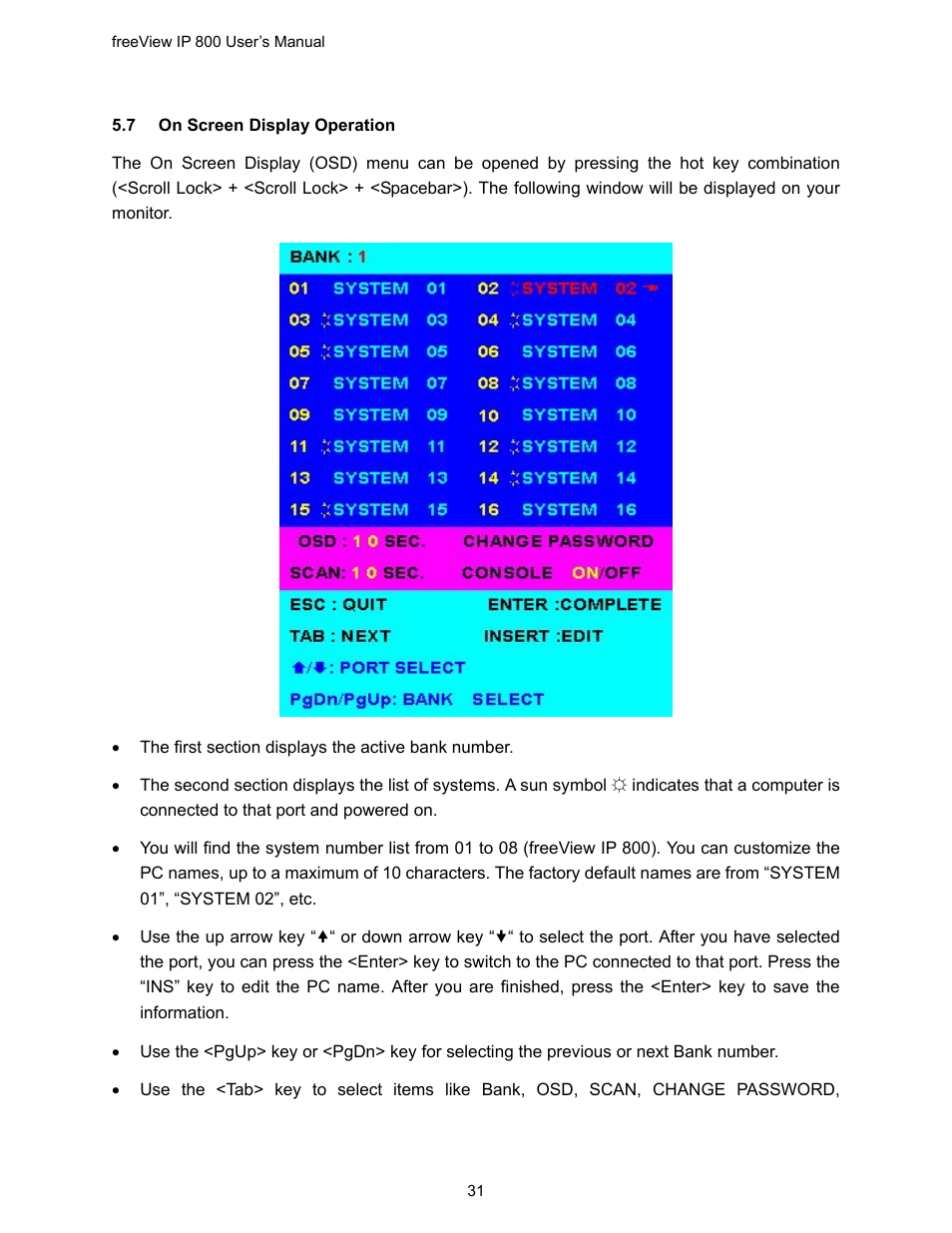 7 on screen display operation, Creen, Isplay | Peration | Freedom9 IP 800 User Manual | Page 33 / 79