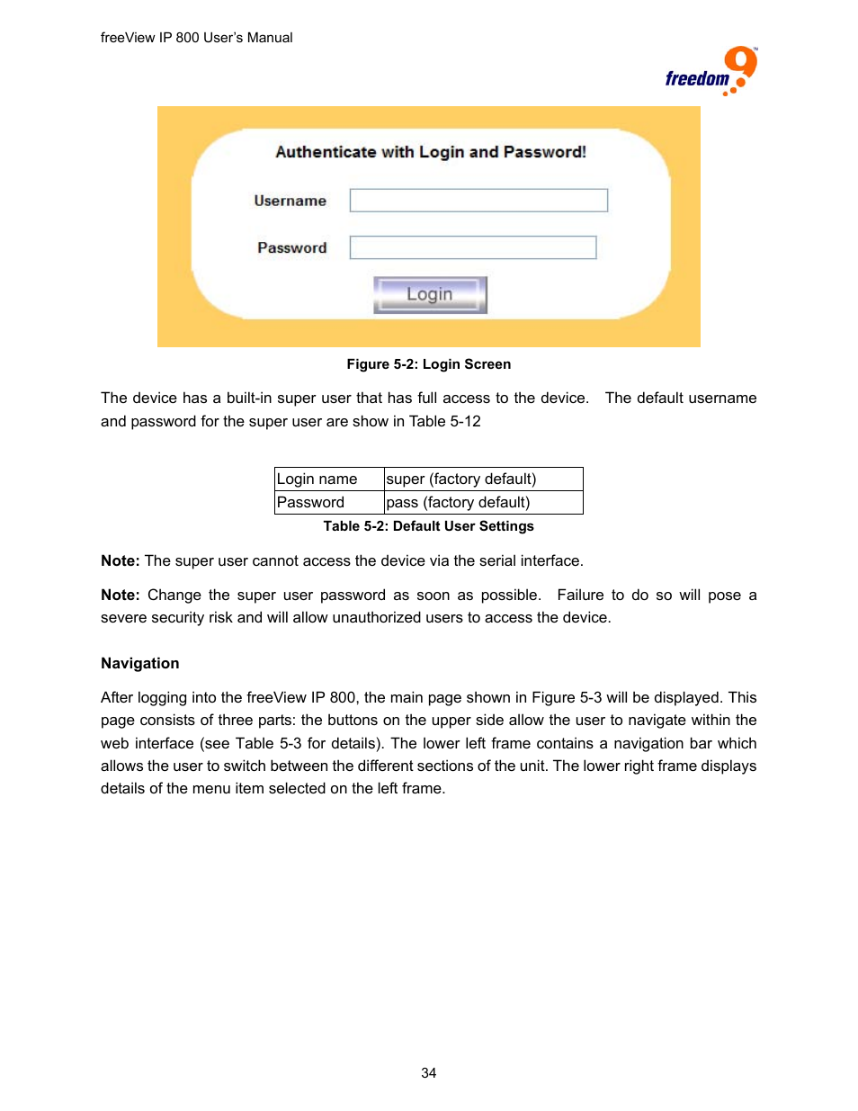 Figure 5-2: login screen, Table 5-2: default user settings | Freedom9 IP 800 User Manual | Page 36 / 79