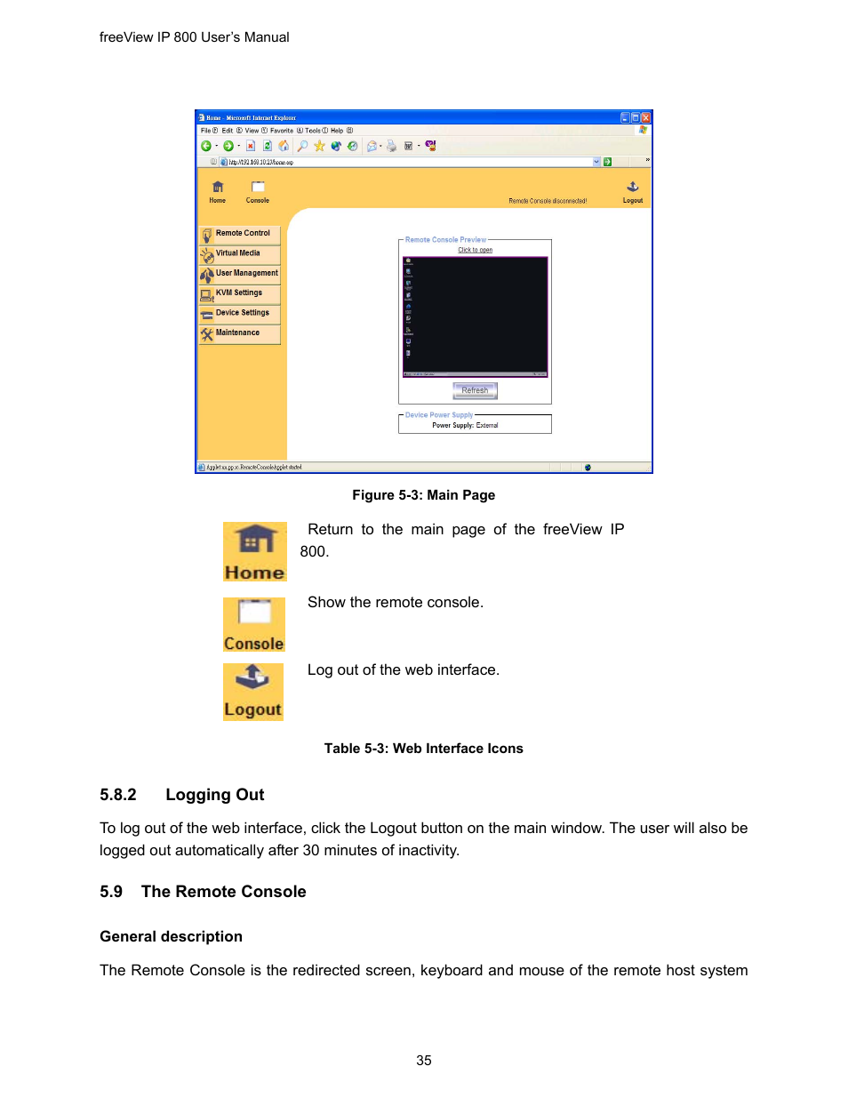 9 the remote console, Emote, Onsole | Table 5-3: web interface icons | Freedom9 IP 800 User Manual | Page 37 / 79