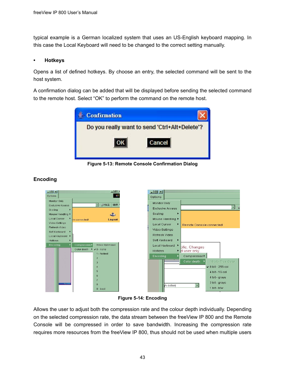 Figure 5-13: remote console confirmation dialog, Figure 5-14: encoding | Freedom9 IP 800 User Manual | Page 45 / 79