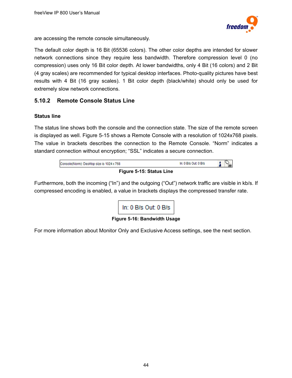 Figure 5-15: status line, Figure 5-16: bandwidth usage | Freedom9 IP 800 User Manual | Page 46 / 79