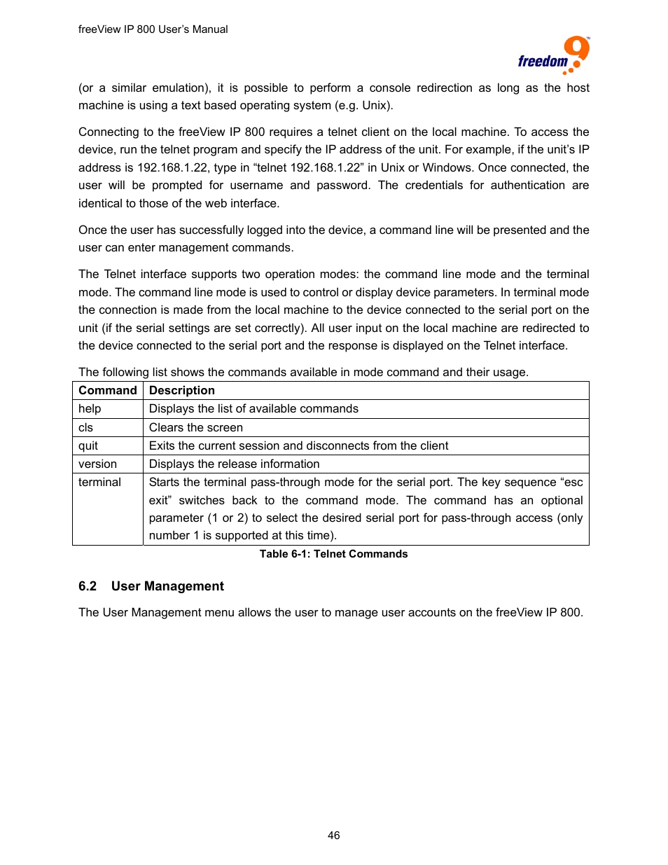 2 user management, Anagement, Table 6-1: telnet commands | Freedom9 IP 800 User Manual | Page 48 / 79