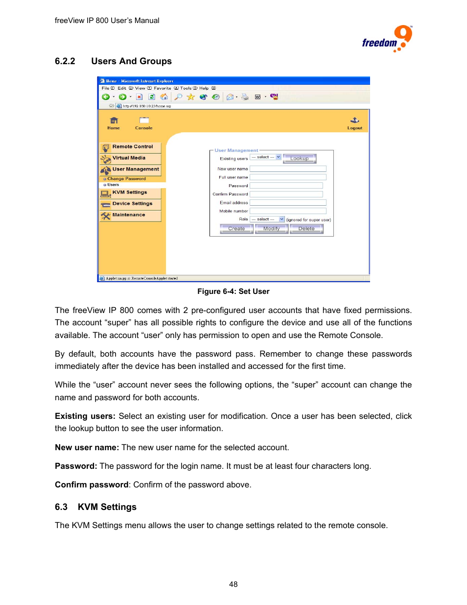 3 kvm settings, Ettings, Figure 6-4: set user | Freedom9 IP 800 User Manual | Page 50 / 79