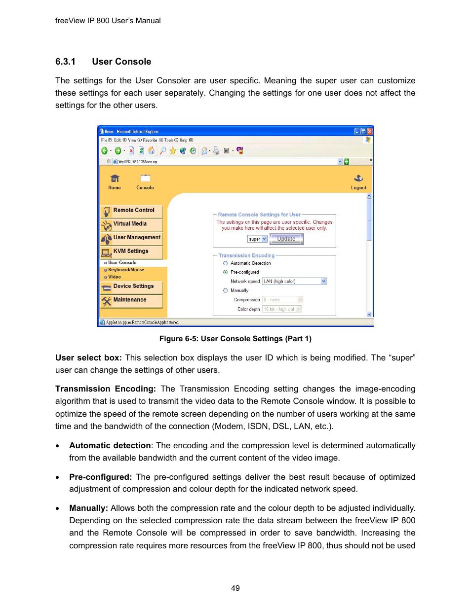 Figure 6-5: user console settings (part 1) | Freedom9 IP 800 User Manual | Page 51 / 79