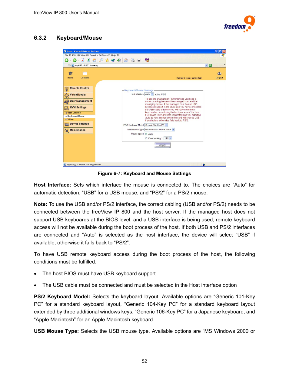 Figure 6-7: keyboard and mouse settings | Freedom9 IP 800 User Manual | Page 54 / 79