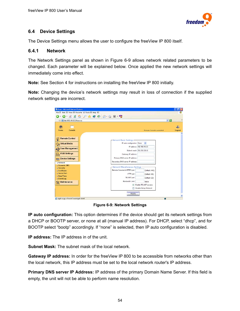 4 device settings, Evice, Ettings | Figure 6-9: network settings | Freedom9 IP 800 User Manual | Page 56 / 79