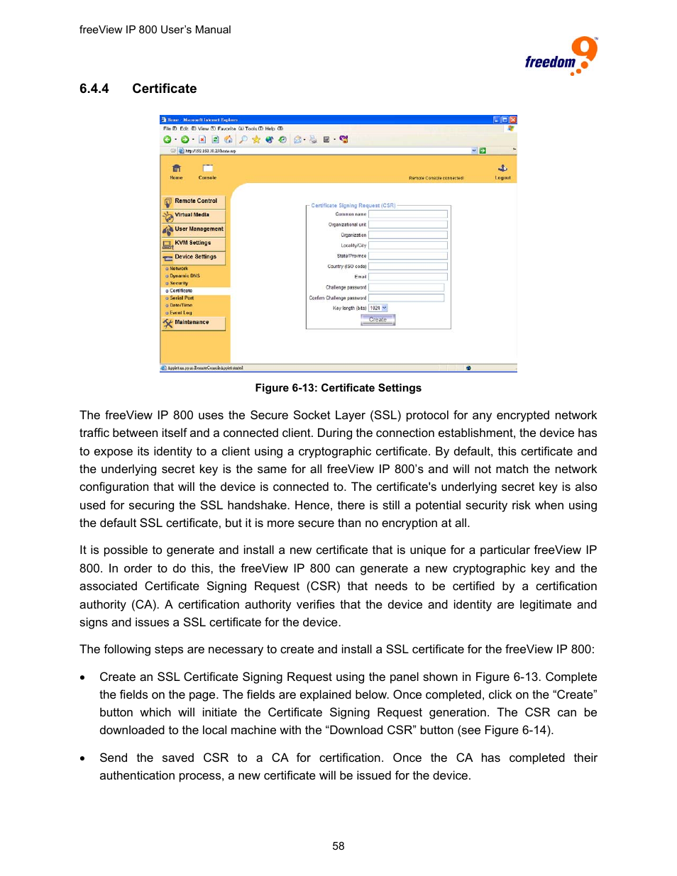 Figure 6-13: certificate settings | Freedom9 IP 800 User Manual | Page 60 / 79