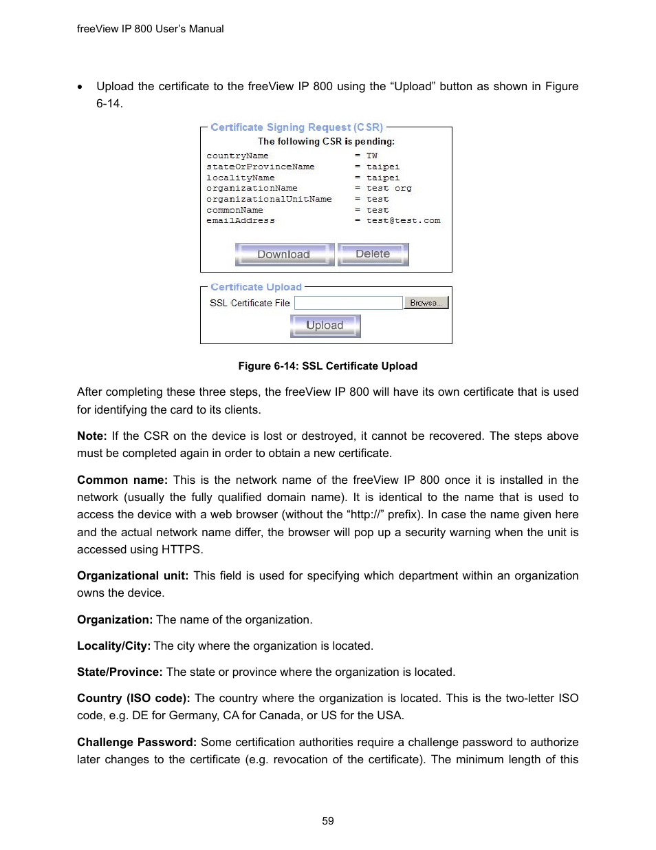 Figure 6-14: ssl certificate upload | Freedom9 IP 800 User Manual | Page 61 / 79