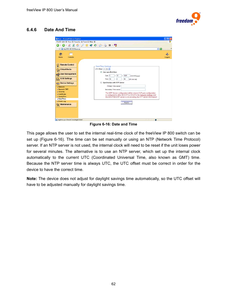 Figure 6-16: date and time | Freedom9 IP 800 User Manual | Page 64 / 79