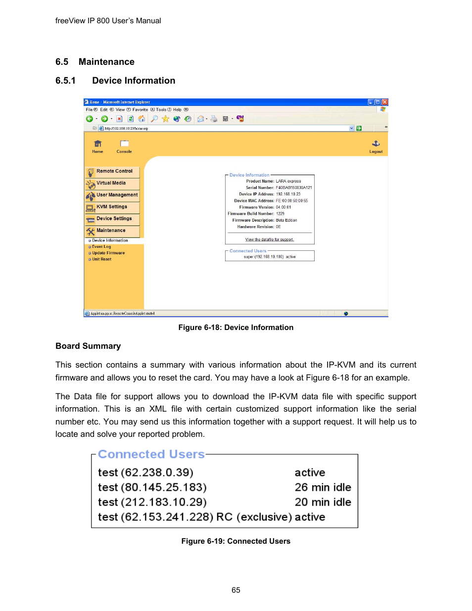 5 maintenance, Aintenance, Figure 6-18: device information | Figure 6-19: connected users | Freedom9 IP 800 User Manual | Page 67 / 79