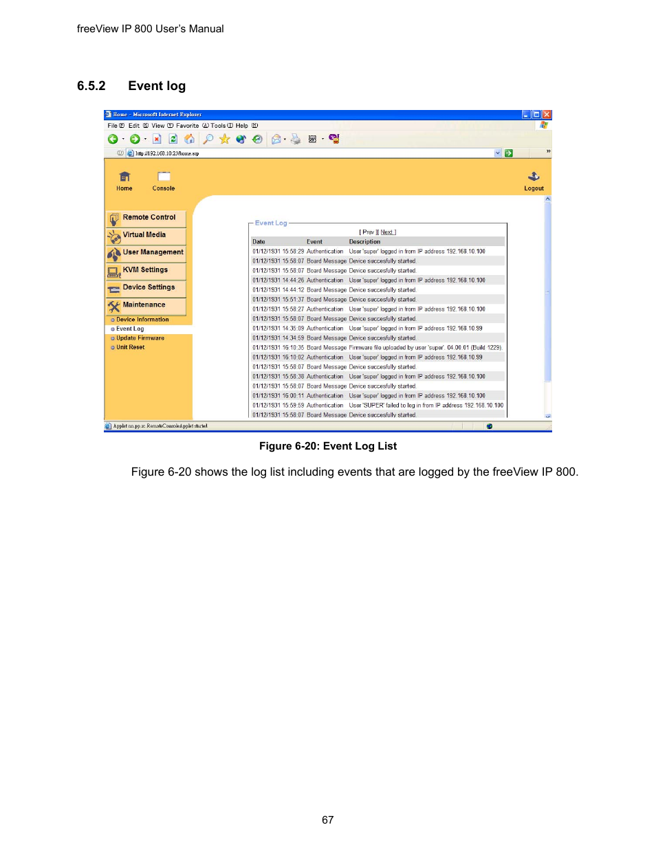 Figure 6-20: event log list | Freedom9 IP 800 User Manual | Page 69 / 79