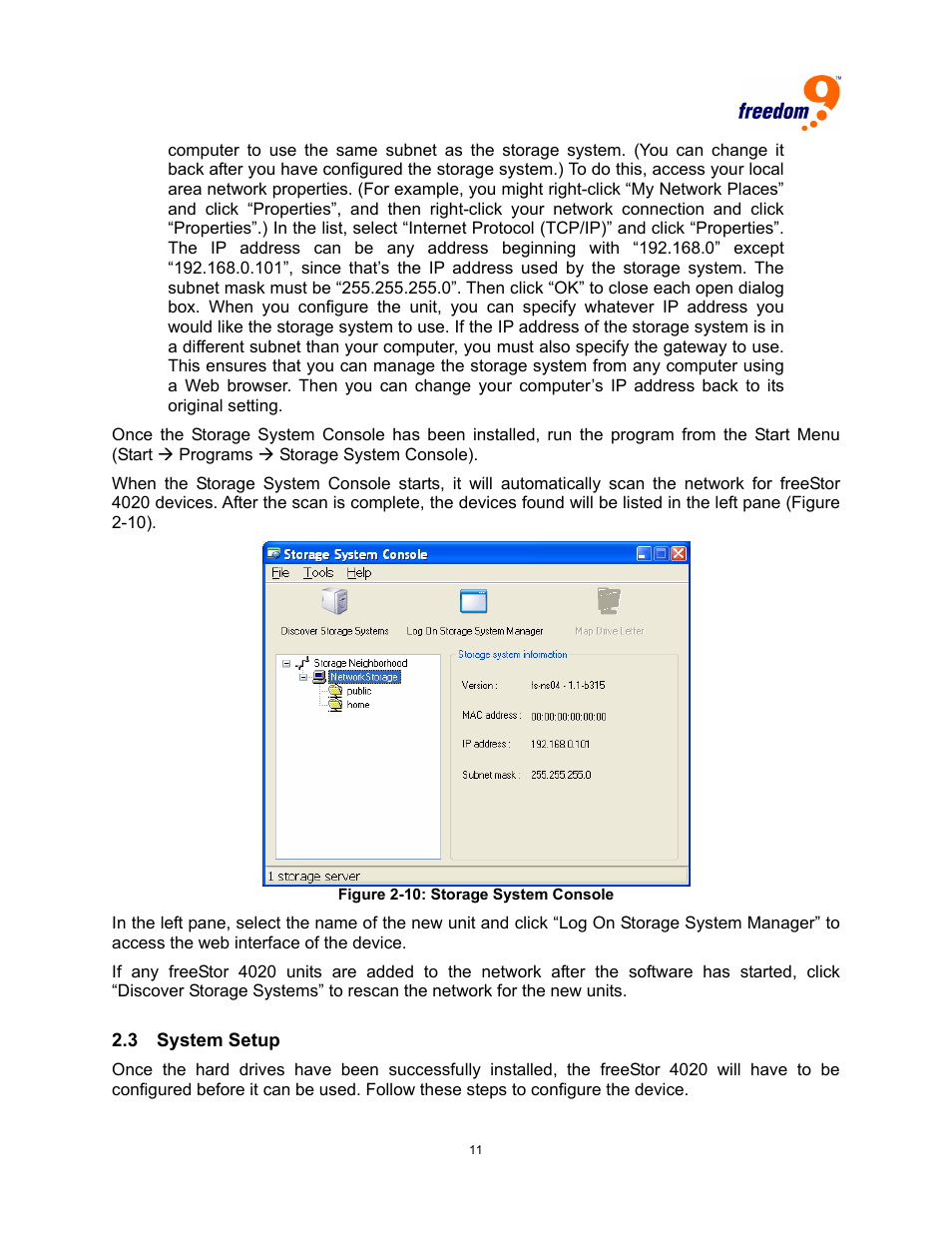 Ystem, Etup, Igure | Torage, Onsole | Freedom9 4020 User Manual | Page 18 / 112